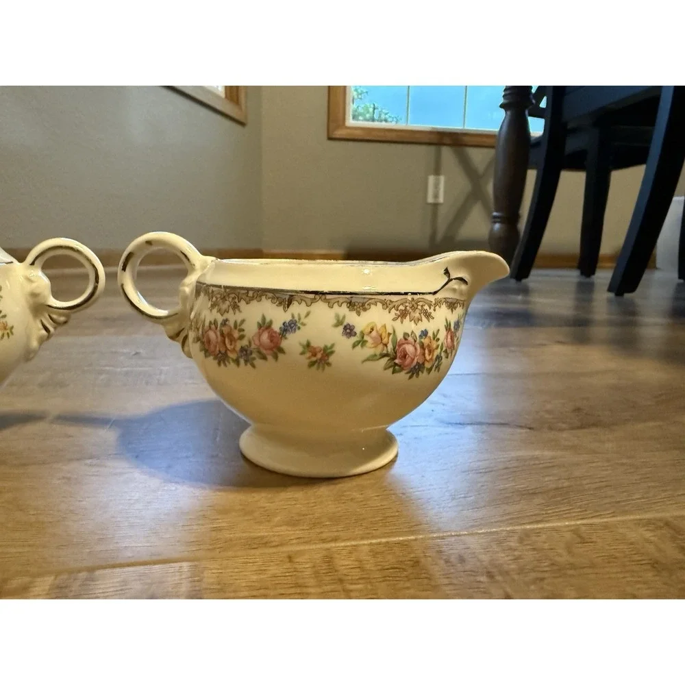 Vintage Crown Potteries Co Garland Cream and Sugar Set Floral 1950 Made In USA